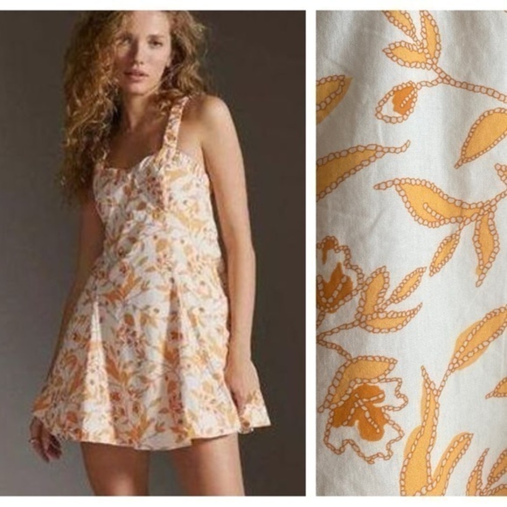 Maeve Anthropologie Yellow Orange White Floral Print Sweetheart Mini Dress XS